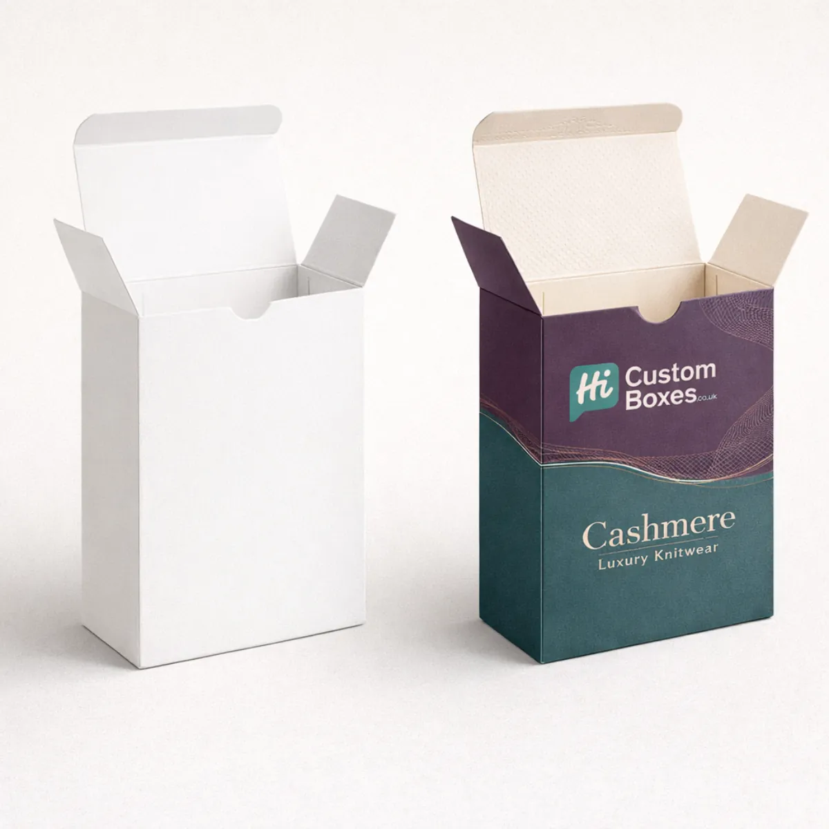 Two upright cardboard tuck-end boxes- one plain white and one featuring elegant purple and teal branding- class=